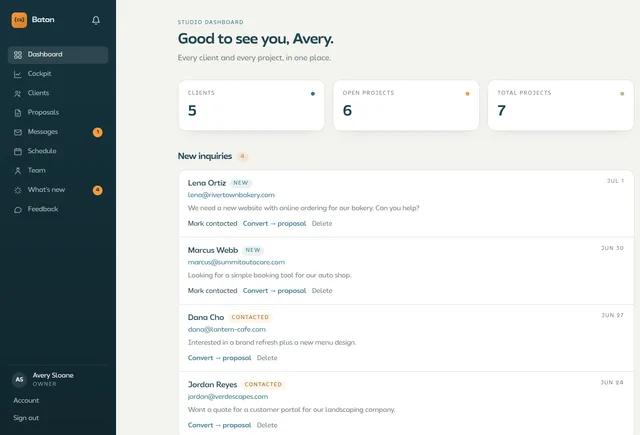 Baton studio dashboard showing client and project counts and a list of new inquiries