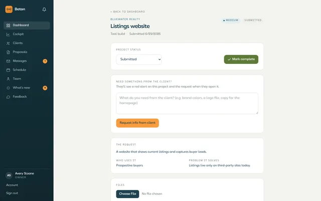 Team-side project view with a status control and a request-info-from-client panel