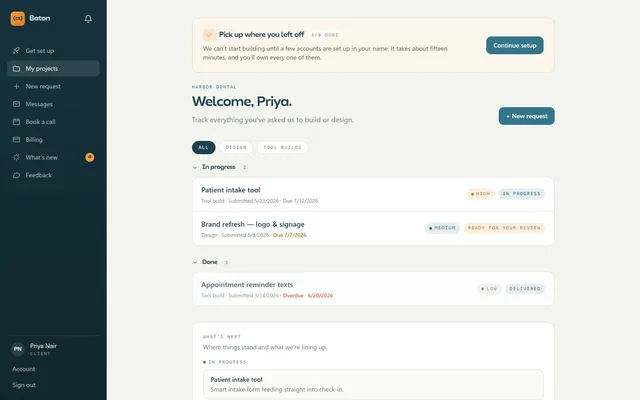 Client portal home for Harbor Dental showing their projects and progress