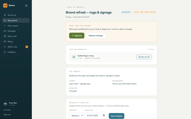 Client portal review screen with Approve and Request changes buttons on a design deliverable
