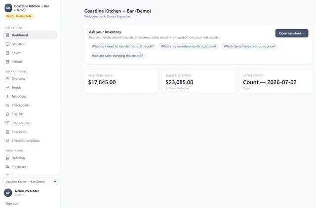 Dashboard showing live inventory value, suggested order, and latest count status