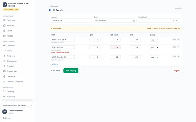Invoice review screen flagging a mismatch between printed total and line items